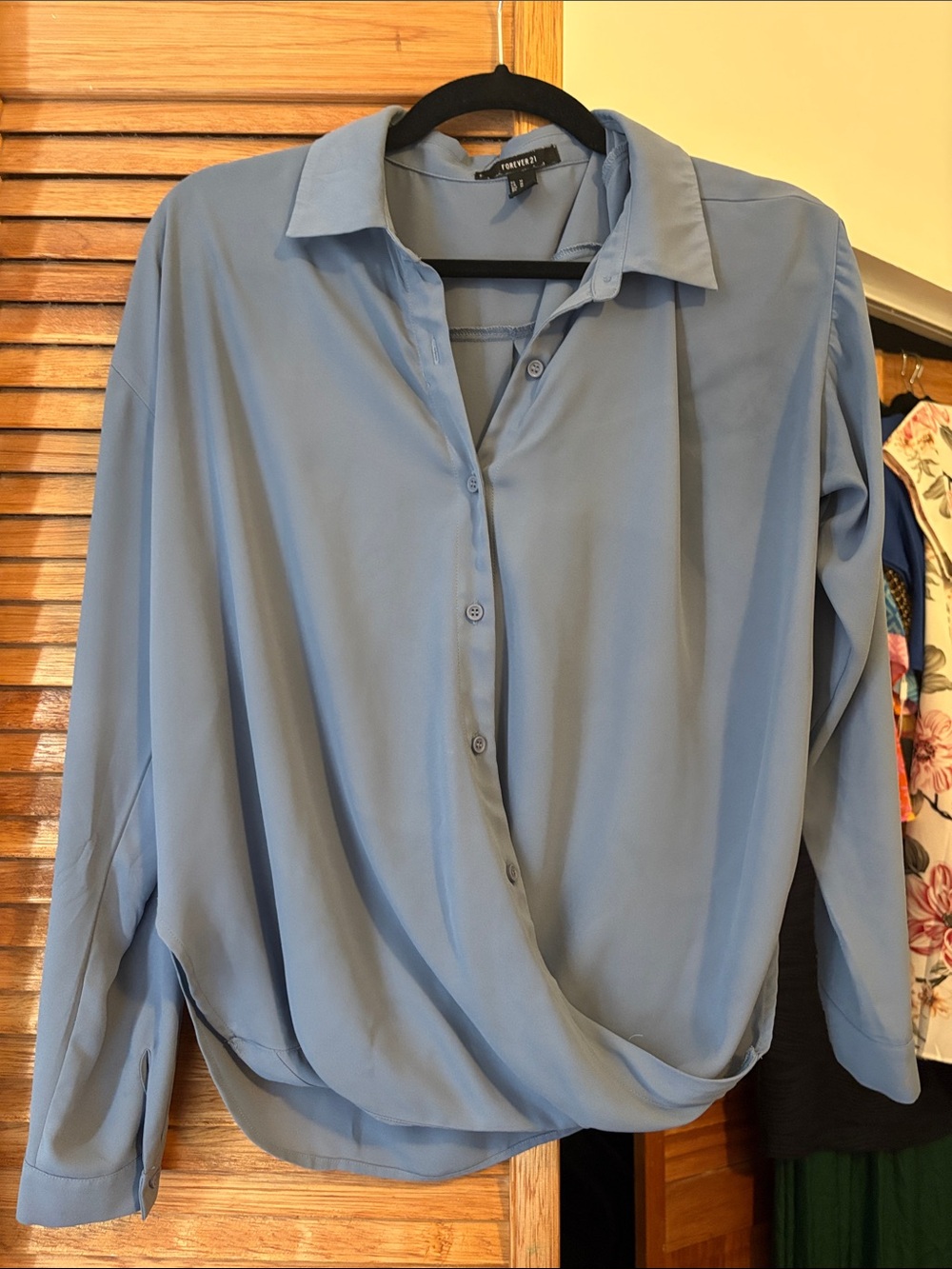 Forever 21 Light Blue Draped Button-Down Blouse
